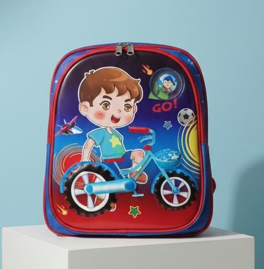 Stylized Cartoon Baby Boy Riding Bicycle PU 3D High Quality School Bag